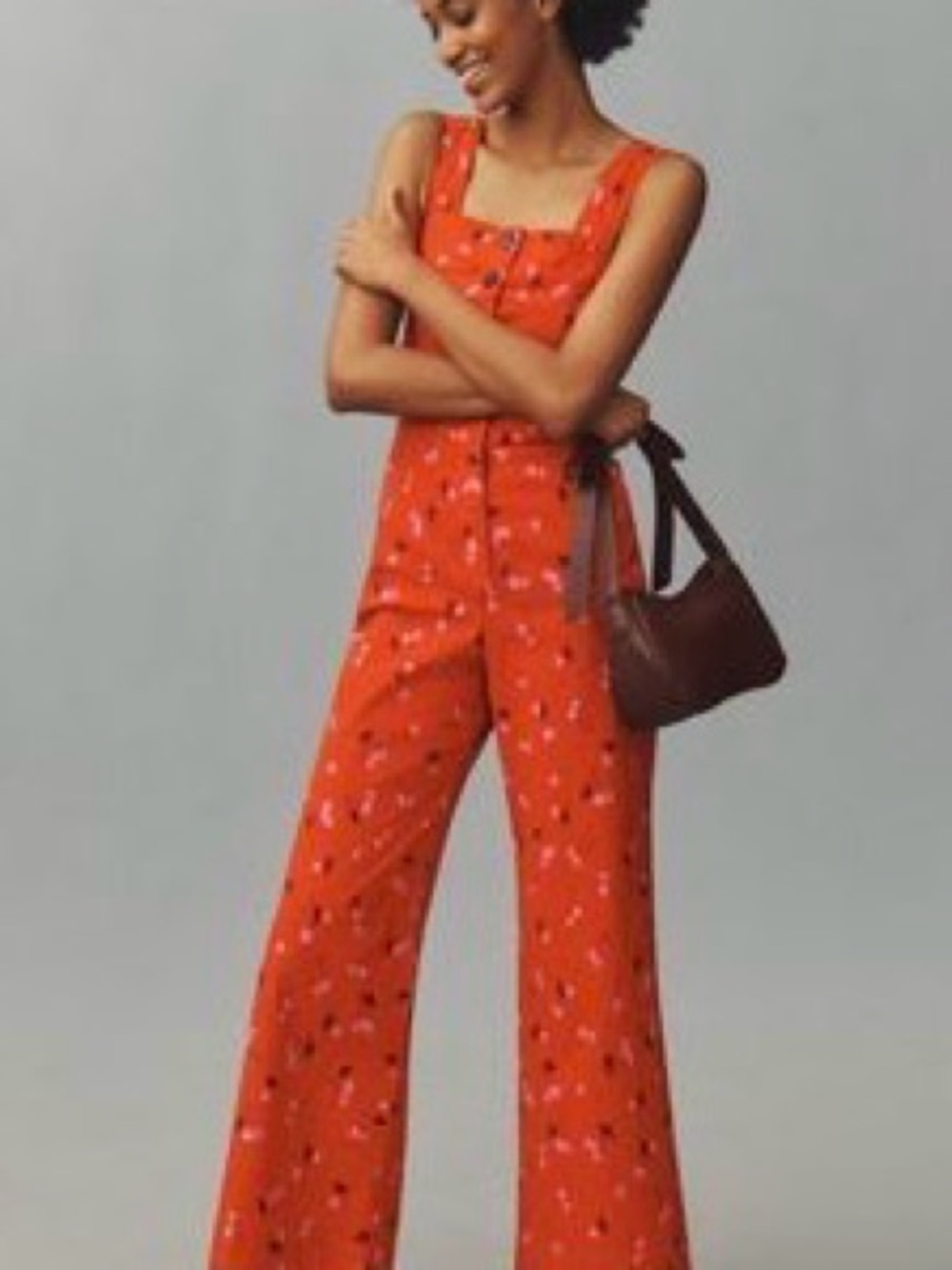 Anthropologie Red-Orange Floral Square-Neck Wide-Leg Jumpsuit